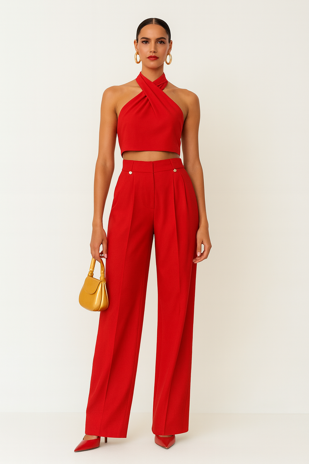 Red Halter Neck Crop Top & Wide-Leg Trousers Set