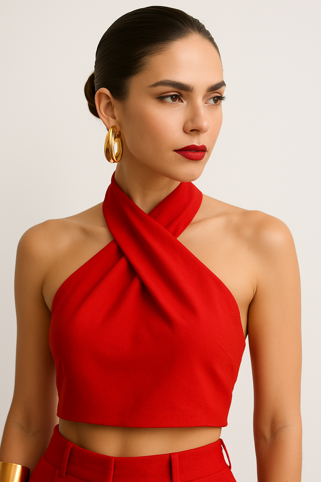 Red Halter Neck Crop Top & Wide-Leg Trousers Set