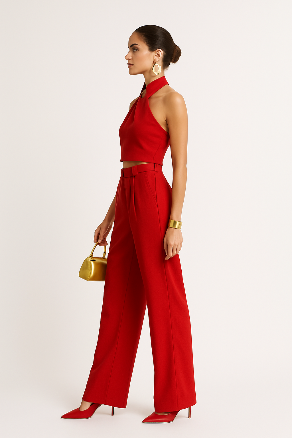 Red Halter Neck Crop Top & Wide-Leg Trousers Set