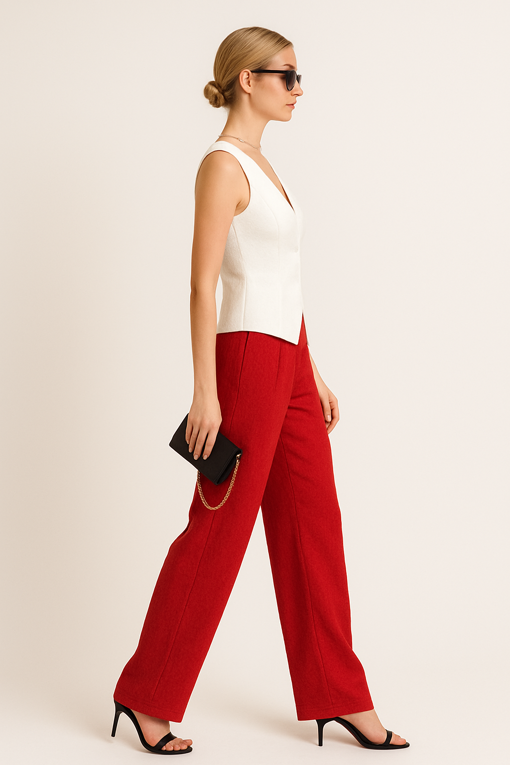 White Sleeveless Vest & Red Trousers Set for Women