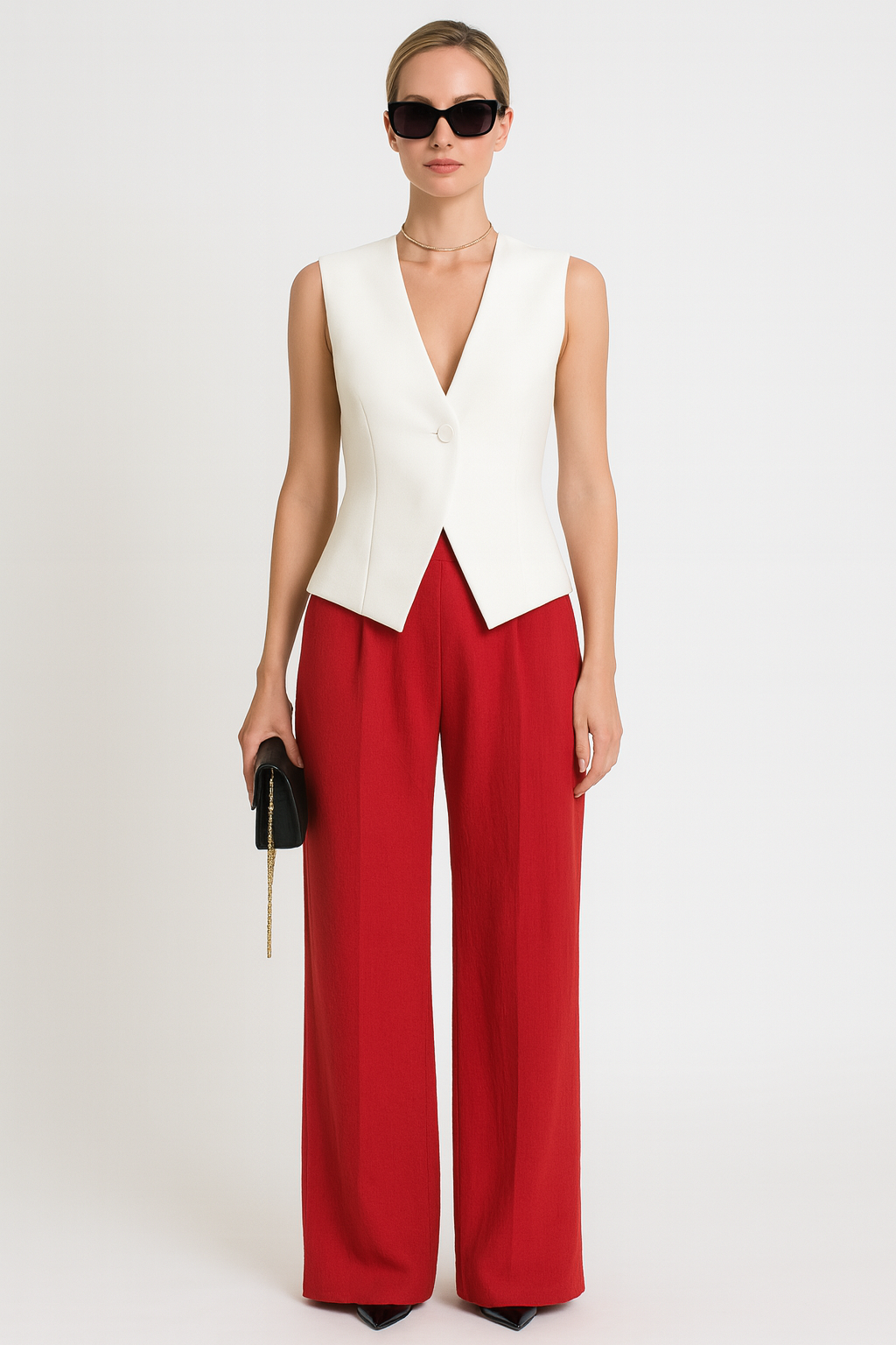 White Sleeveless Vest & Red Trousers Set for Women