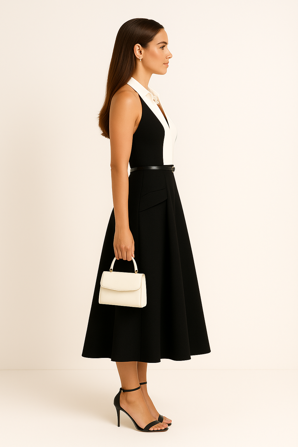 Black & White Halter Neck Midi Dress
