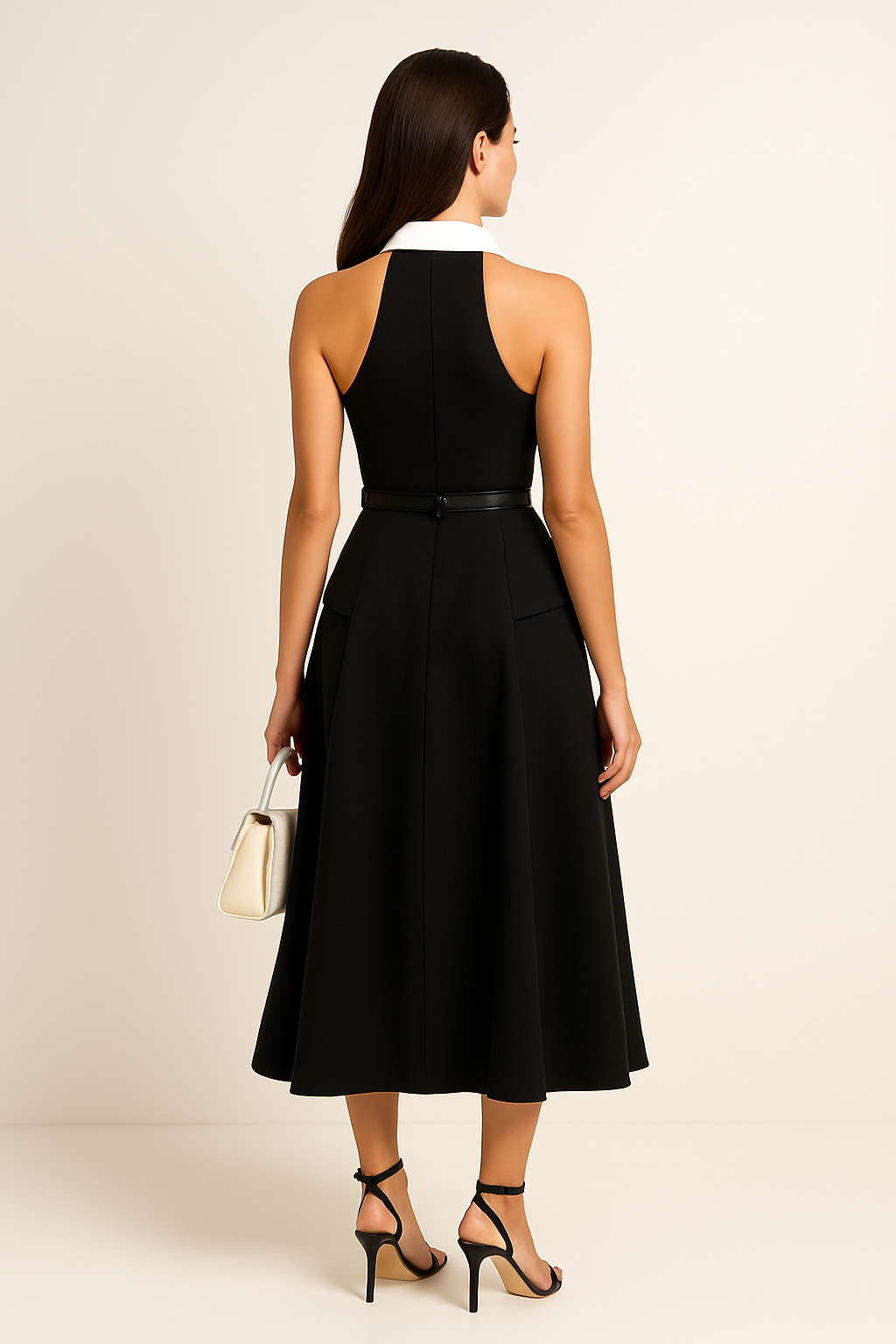Black & White Halter Neck Midi Dress