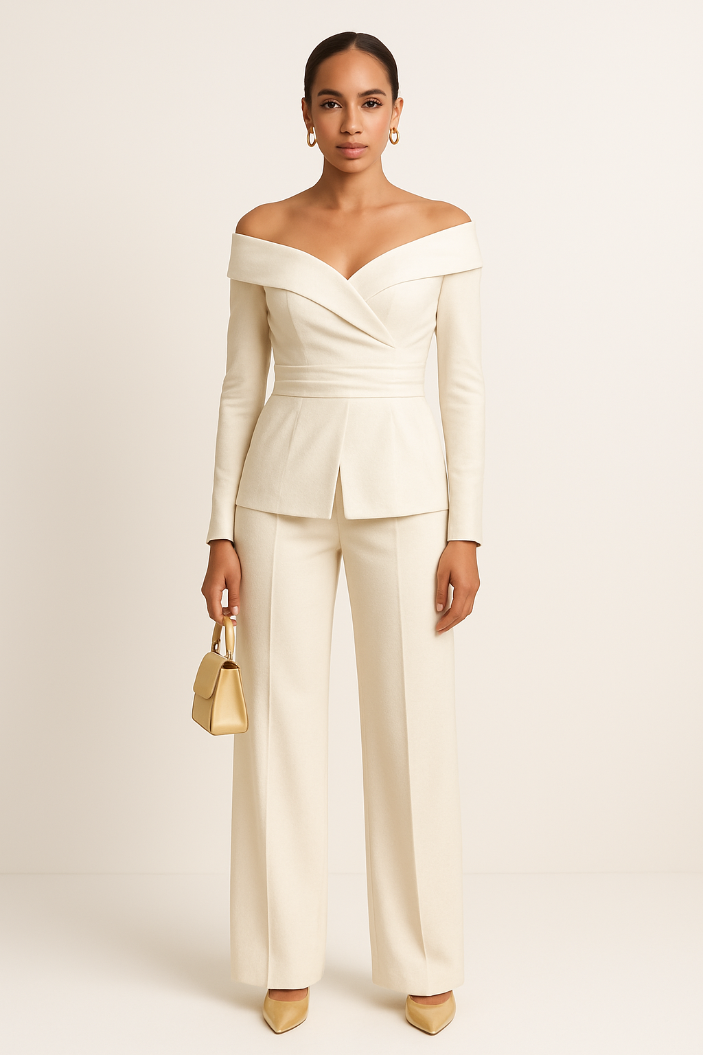 Ivory Off-Shoulder Peplum Top & Wide-Leg Trouser Set