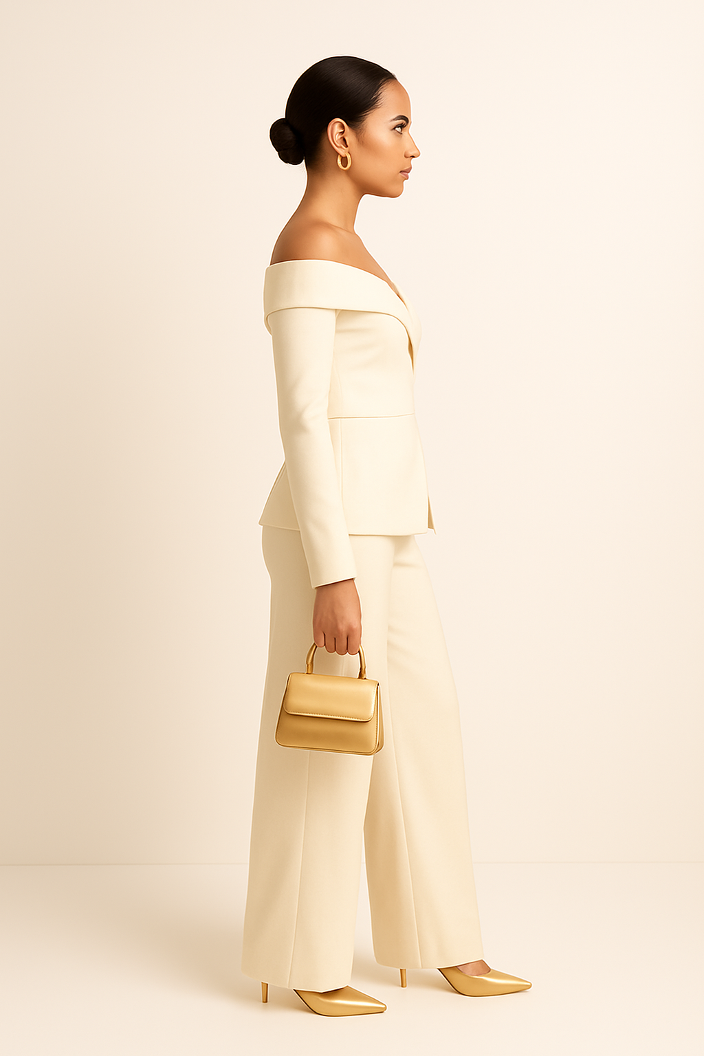 Ivory Off-Shoulder Peplum Top & Wide-Leg Trouser Set