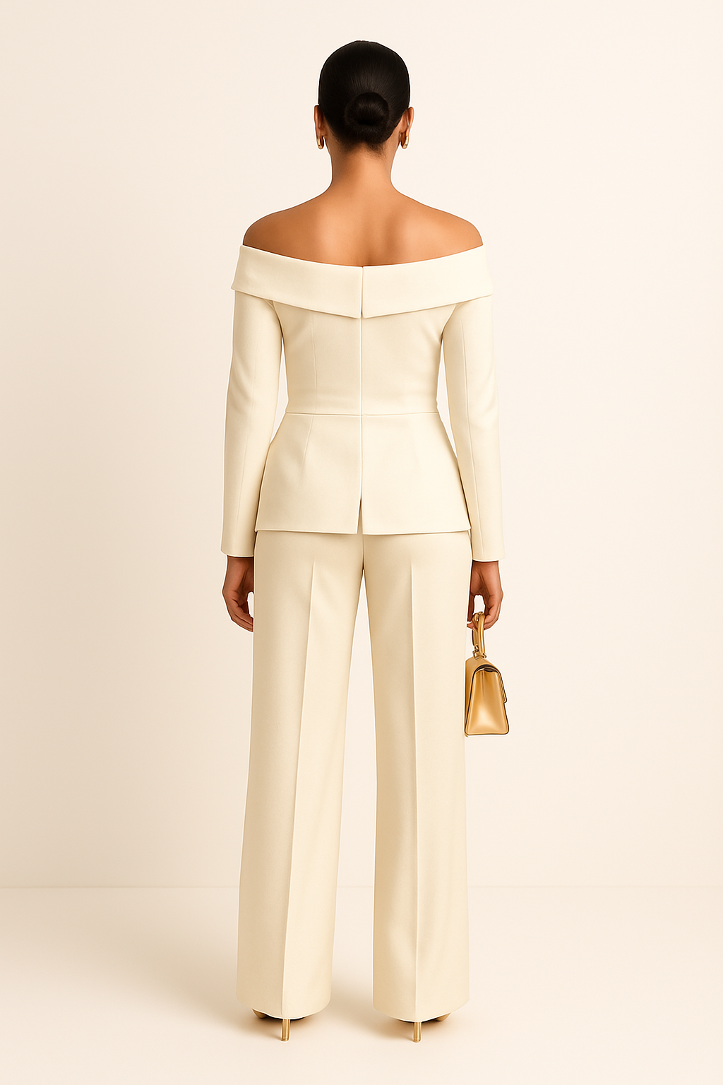Ivory Off-Shoulder Peplum Top & Wide-Leg Trouser Set