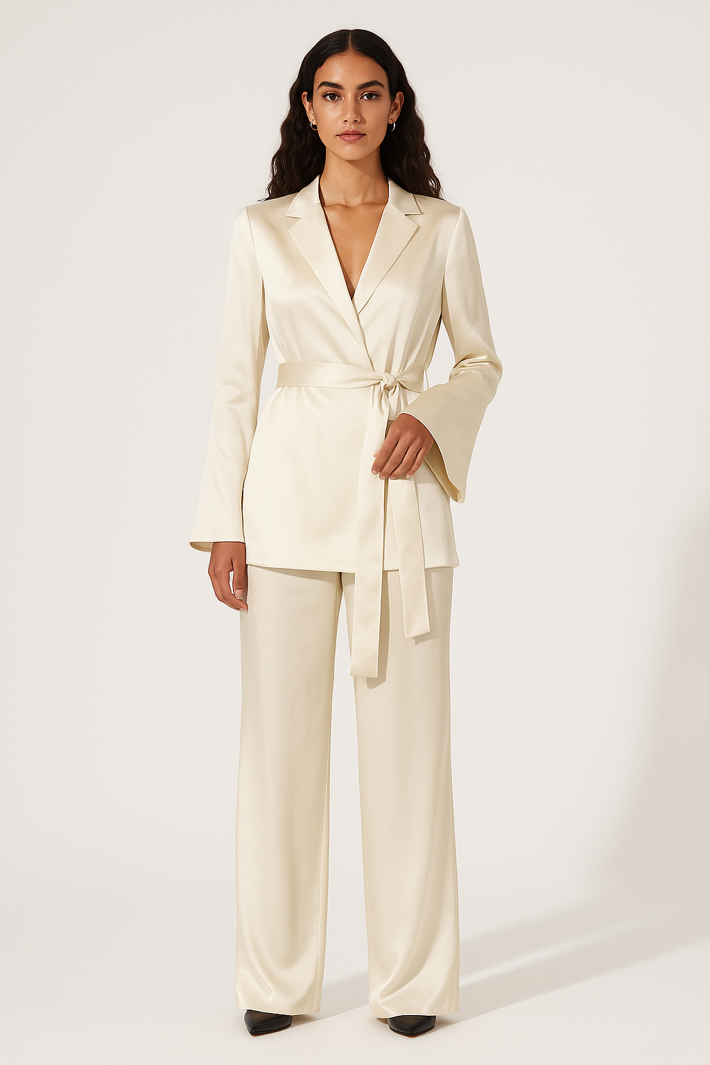 Ivory Satin Wrap Blazer & Wide-Leg Trouser Co-ord Set